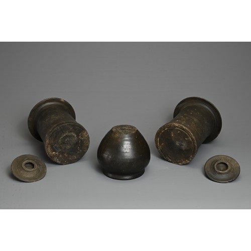 210 - THREE RARE CHINESE BURNISHED BLACK POTTERY JARS, YUAN DYNASTY (1279 – 1368). Comprising two tall cyl... 