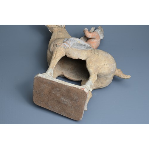 206 - A CHINESE PAINTED POTTERY HORSE WITH MUSICIAN, TANG DYNASTY (618-907). The horse standing four squar... 