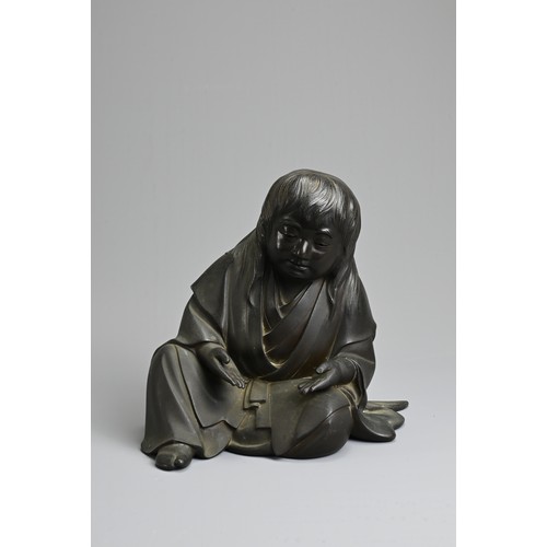 305 - AN EARLY 20TH CENTURY JAPANESE BRONZE OKIMONO OF SHOJO BY RYOMIN, TOGETHER WITH SAKE CUP. Modelled s... 