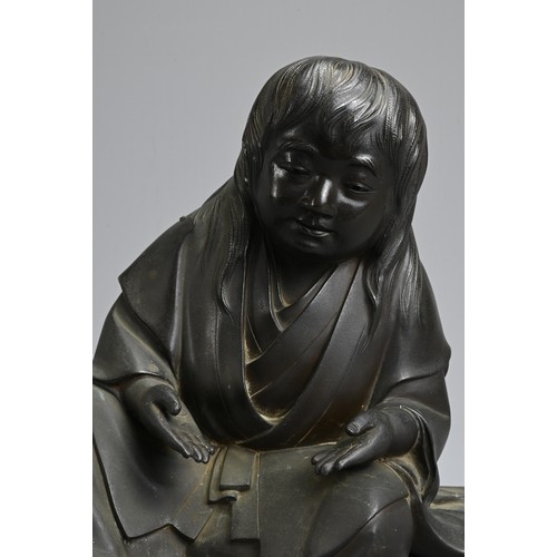 305 - AN EARLY 20TH CENTURY JAPANESE BRONZE OKIMONO OF SHOJO BY RYOMIN, TOGETHER WITH SAKE CUP. Modelled s... 