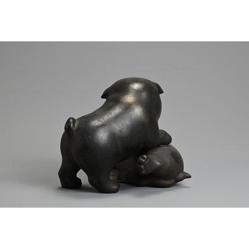 304 - AN EARLY 20TH CENTURY JAPANESE BRONZE OF TWO PUPPIES PLAYING. Signed Tokutani with seal mark to unde... 