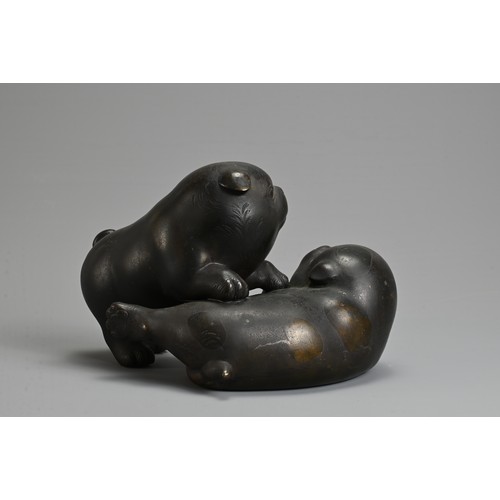 304 - AN EARLY 20TH CENTURY JAPANESE BRONZE OF TWO PUPPIES PLAYING. Signed Tokutani with seal mark to unde... 