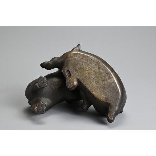 304 - AN EARLY 20TH CENTURY JAPANESE BRONZE OF TWO PUPPIES PLAYING. Signed Tokutani with seal mark to unde... 