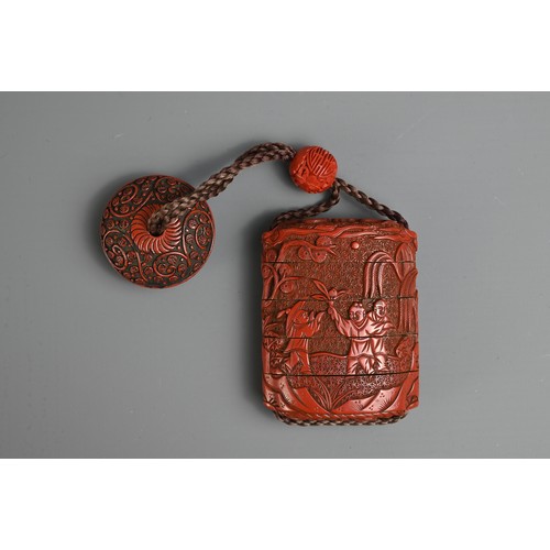 276 - A JAPANESE MEIJI PERIOD (1868-1912) RED LACQUER INRO. With red lacquer manju netsuke and ojime ensem... 