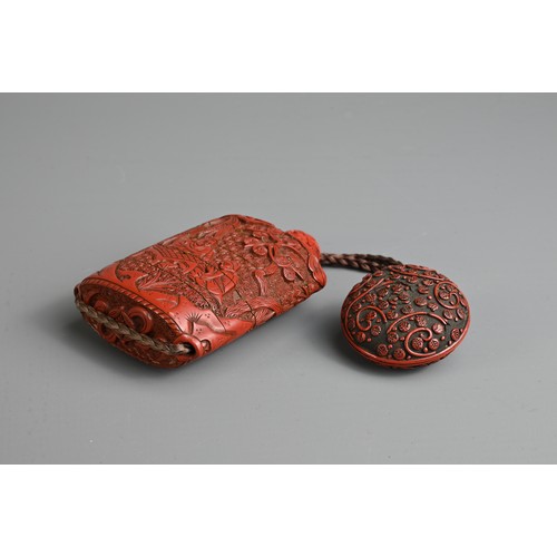 276 - A JAPANESE MEIJI PERIOD (1868-1912) RED LACQUER INRO. With red lacquer manju netsuke and ojime ensem... 