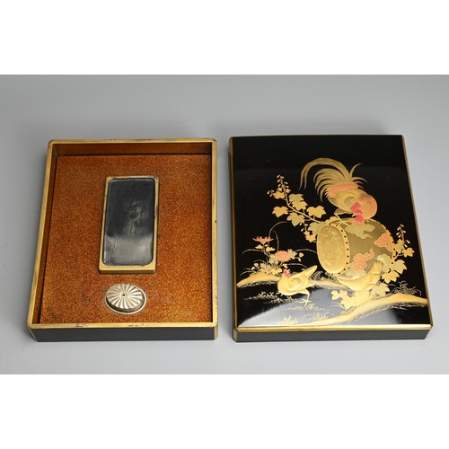 295 - A JAPANESE EARLY 20TH CENTURY, LACQUER WRITING BOX (SUZURIBAKO).  Decorated with gold, silver and re... 