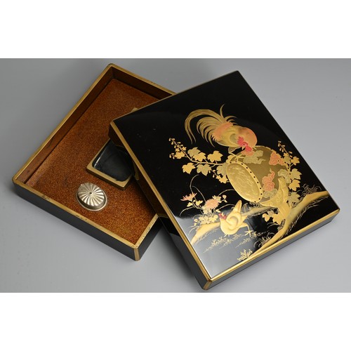 295 - A JAPANESE EARLY 20TH CENTURY, LACQUER WRITING BOX (SUZURIBAKO).  Decorated with gold, silver and re... 