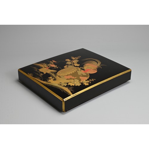 295 - A JAPANESE EARLY 20TH CENTURY, LACQUER WRITING BOX (SUZURIBAKO).  Decorated with gold, silver and re... 