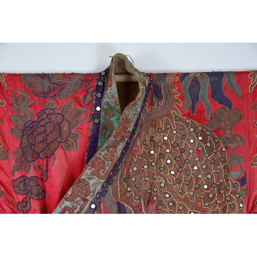 A 20TH CENTURY CHINESE EMBROIDERED COLOURED SILK AND GOLD THREAD DRAGON ...
