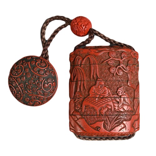 276 - A JAPANESE MEIJI PERIOD (1868-1912) RED LACQUER INRO. With red lacquer manju netsuke and ojime ensem... 