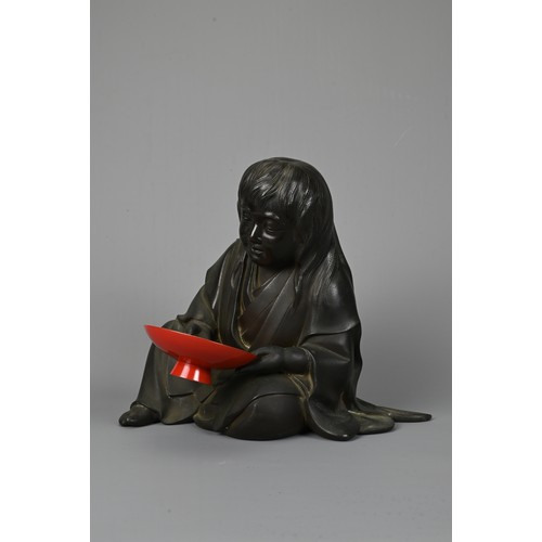 305 - AN EARLY 20TH CENTURY JAPANESE BRONZE OKIMONO OF SHOJO BY RYOMIN, TOGETHER WITH SAKE CUP. Modelled s... 