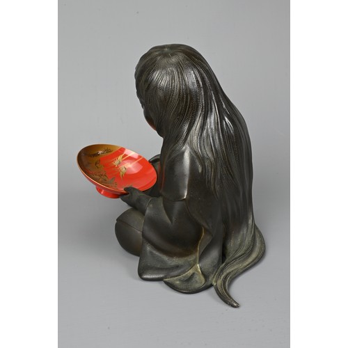 305 - AN EARLY 20TH CENTURY JAPANESE BRONZE OKIMONO OF SHOJO BY RYOMIN, TOGETHER WITH SAKE CUP. Modelled s... 