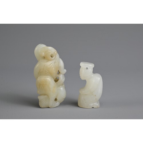 116 - TWO CHINESE WHITE JADE PENDANTS. To include a figure of a man holding a lotus spray with fish; Toget... 