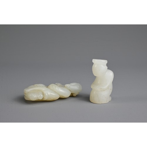 116 - TWO CHINESE WHITE JADE PENDANTS. To include a figure of a man holding a lotus spray with fish; Toget... 