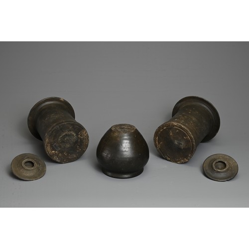 175 - THREE RARE CHINESE BURNISHED BLACK POTTERY JARS, YUAN DYNASTY (1279 – 1368). Comprising two tall cyl... 