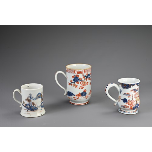 1 - THREE CHINESE IMARI PORCELAIN TANKARDS, 18TH CENTURY. Of varying sizes decorated with coastal and fl... 