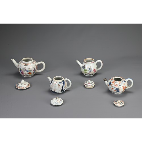 2 - FOUR CHINESE / JAPANESE PORCELAIN TEAPOTS, 18/19TH CENTURY. Each of varying forms decorated with fig... 