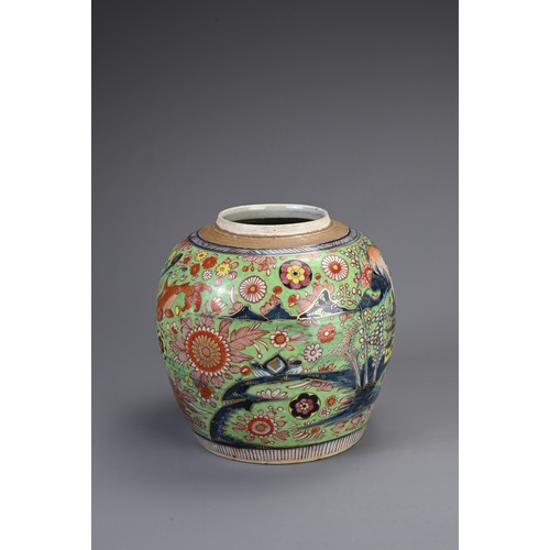 10 - A CHINESE EXPORT CLOBBERED PORCELAIN GINGER JAR, 18/19TH CENTURY. Decorated with a landscape scene w... 