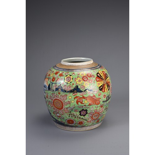 10 - A CHINESE EXPORT CLOBBERED PORCELAIN GINGER JAR, 18/19TH CENTURY. Decorated with a landscape scene w... 