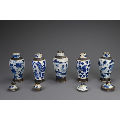 15 - A GROUP OF FIVE CHINESE BLUE AND WHITE CRACKLE WARE VASES, LATE 19TH CENTURY. Of baluster form decor... 