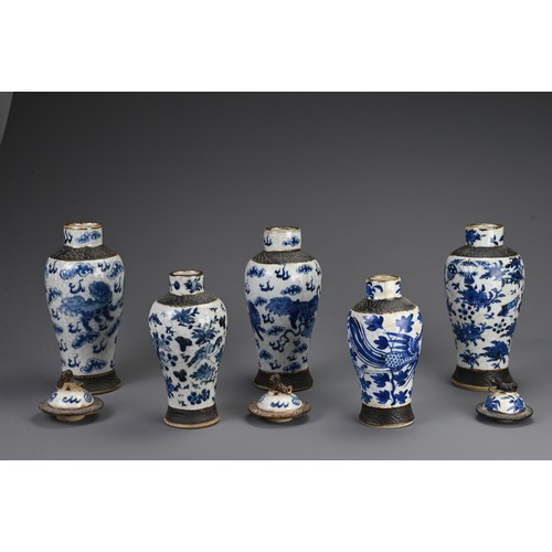 16 - A GROUP OF FIVE CHINESE BLUE AND WHITE CRACKLE WARE VASES, LATE 19TH CENTURY. Of baluster form decor... 