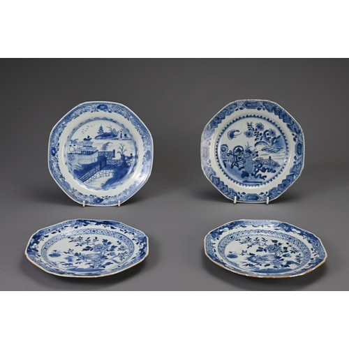 17 - FOUR CHINESE BLUE AND WHITE PORCELAIN DISHES, 18TH CENTURY. Octagonal lobed dishes decorated with co... 