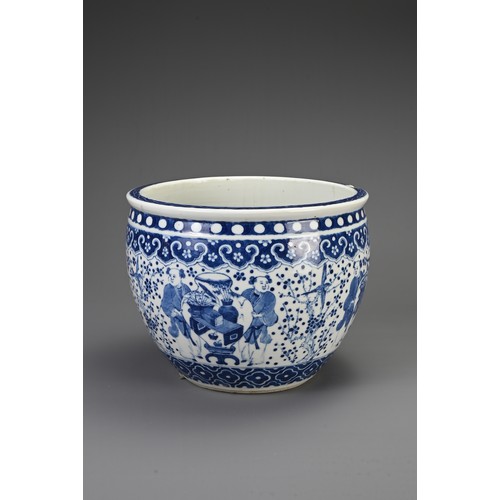 20 - A CHINESE BLUE AND WHITE PORCELAIN JARDINIERE, 19TH CENTURY. Decorated with figures of boys beside b... 