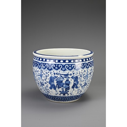 20 - A CHINESE BLUE AND WHITE PORCELAIN JARDINIERE, 19TH CENTURY. Decorated with figures of boys beside b... 