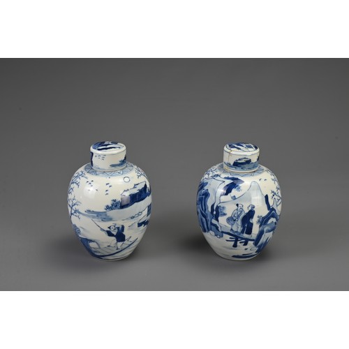 25 - A PAIR OF CHINESE BLUE AND WHITE PORCELAIN TEA CADDIES, 18/19TH CENTURY. Of ovoid form decorated wit... 