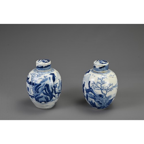 25 - A PAIR OF CHINESE BLUE AND WHITE PORCELAIN TEA CADDIES, 18/19TH CENTURY. Of ovoid form decorated wit... 