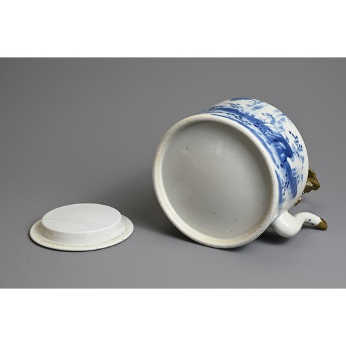 151 - A CHINESE BLUE AND WHITE PORCELAIN TEAPOT, 18/19TH CENTURY. With added brass mounts and handle. Deco... 