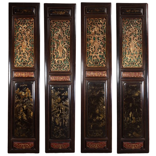 195 - A SET OF FOUR MONUMENTAL CHINESE CARVED WOOD DOOR PANELS, LATE QING / REPUBLIC PERIOD. Each of tall ... 