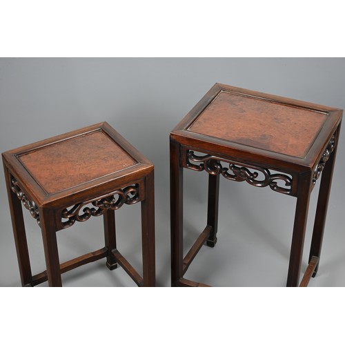 204 - A NEST OF FOUR CHINESE ROSEWOOD AND BURR WALNUT TABLES, EARLY 20TH CENTURY. Of rectangular form with... 