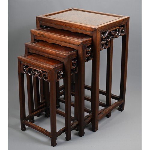 204 - A NEST OF FOUR CHINESE ROSEWOOD AND BURR WALNUT TABLES, EARLY 20TH CENTURY. Of rectangular form with... 