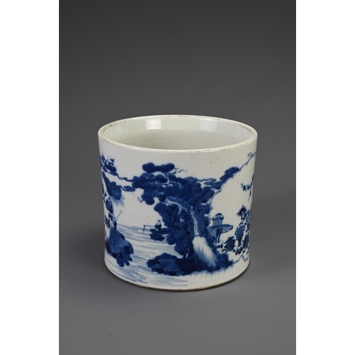 33 - A CHINESE BLUE AND WHITE PORCELAIN BRUSH POT, BITONG, KANGXI MARK. The slightly tapered cylindrical ... 