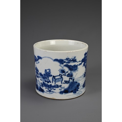 33 - A CHINESE BLUE AND WHITE PORCELAIN BRUSH POT, BITONG, KANGXI MARK. The slightly tapered cylindrical ... 