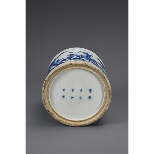 33 - A CHINESE BLUE AND WHITE PORCELAIN BRUSH POT, BITONG, KANGXI MARK. The slightly tapered cylindrical ... 