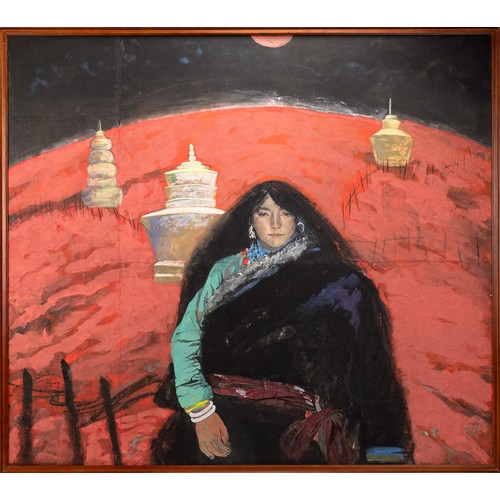 209 - WANG QING, SHANGHAI CHINA, TIBETAN GIRL, DATE 1990. Oil on board, in wood frame. Signed lower left '... 