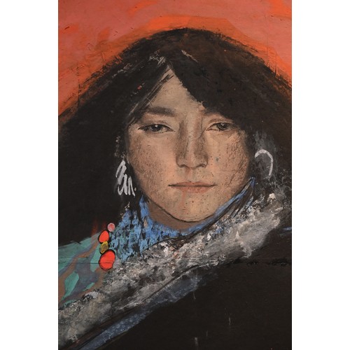 209 - WANG QING, SHANGHAI CHINA, TIBETAN GIRL, DATE 1990. Oil on board, in wood frame. Signed lower left '... 