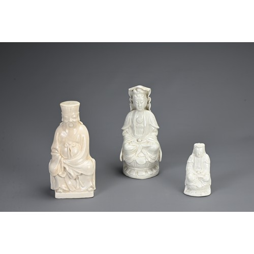 38 - THREE CHINESE BLANC DE CHINE FIGURES, 19/20TH CENTURY. To include a seated figure of Budai; A seated... 