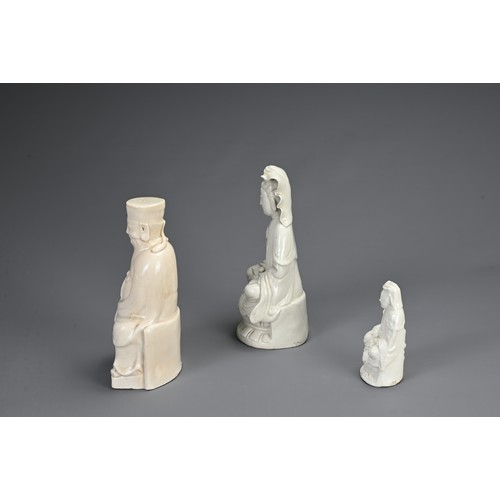 38 - THREE CHINESE BLANC DE CHINE FIGURES, 19/20TH CENTURY. To include a seated figure of Budai; A seated... 