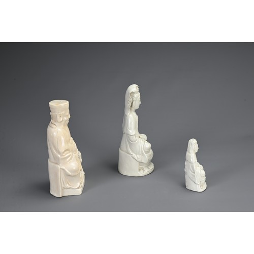 38 - THREE CHINESE BLANC DE CHINE FIGURES, 19/20TH CENTURY. To include a seated figure of Budai; A seated... 