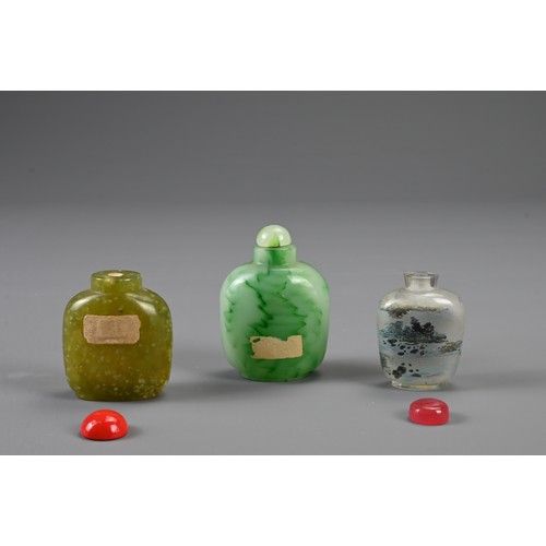 53 - THREE CHINESE SNUFF BOTTLES, 20TH CENTURY. To include an inside painted bottle decorated with boats ... 