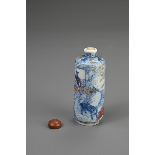 54 - A CHINESE UNDERGLAZE BLUE AND COPPER RED PORCELAIN SNUFF BOTTLE, 19TH CENTURY. Of cylindrical form d... 