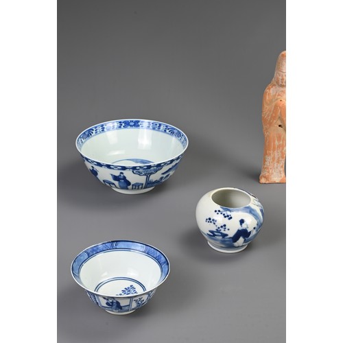 56 - A GROUP OF CHINESE CERAMIC ITEMS, TANG AND 19TH CENTURY. To include an orange pottery figure of an a... 