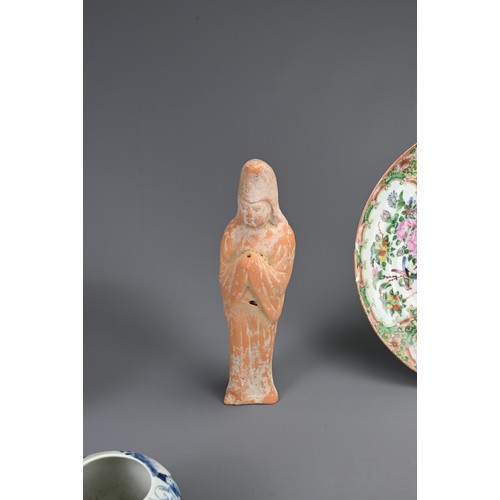 56 - A GROUP OF CHINESE CERAMIC ITEMS, TANG AND 19TH CENTURY. To include an orange pottery figure of an a... 