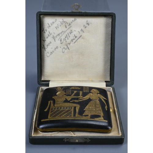 61 - A GROUP OF EGYPTIAN REVIVAL AND JAPANESE DAMASCENE ITEMS, EARLY 20TH CENTURY. To include two cigaret... 