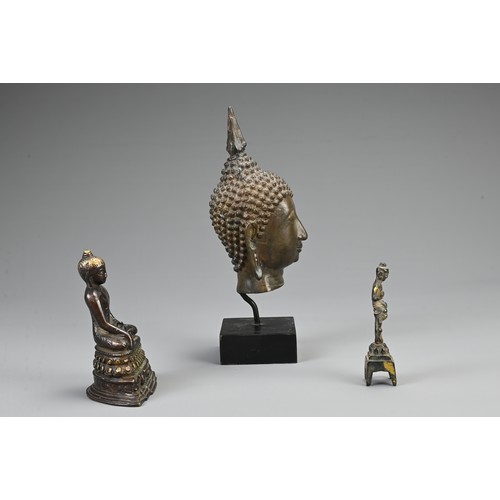 72 - A GROUP OF THREE CHINESE / THAI BRONZE BUDDHAS. To include a bronze head mounted on display stand; A... 