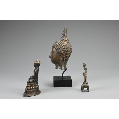 72 - A GROUP OF THREE CHINESE / THAI BRONZE BUDDHAS. To include a bronze head mounted on display stand; A... 