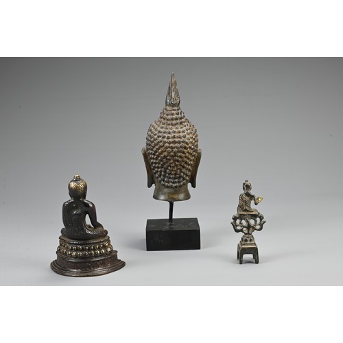 72 - A GROUP OF THREE CHINESE / THAI BRONZE BUDDHAS. To include a bronze head mounted on display stand; A... 